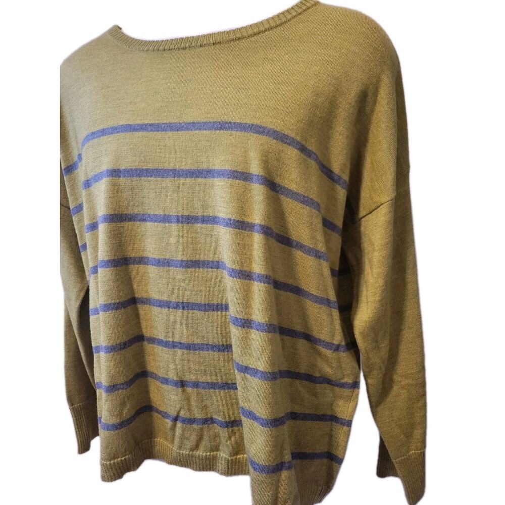 EILEEN FISHER Peridot Green Gray Stripe Merino Jersey Boxy Sweater XL